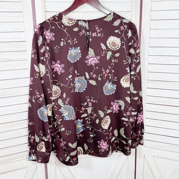 Vince Camuto Floral Puff Sleeve Button Front Blouse Brown Pink Small Wildflower - Picture 8 of 12